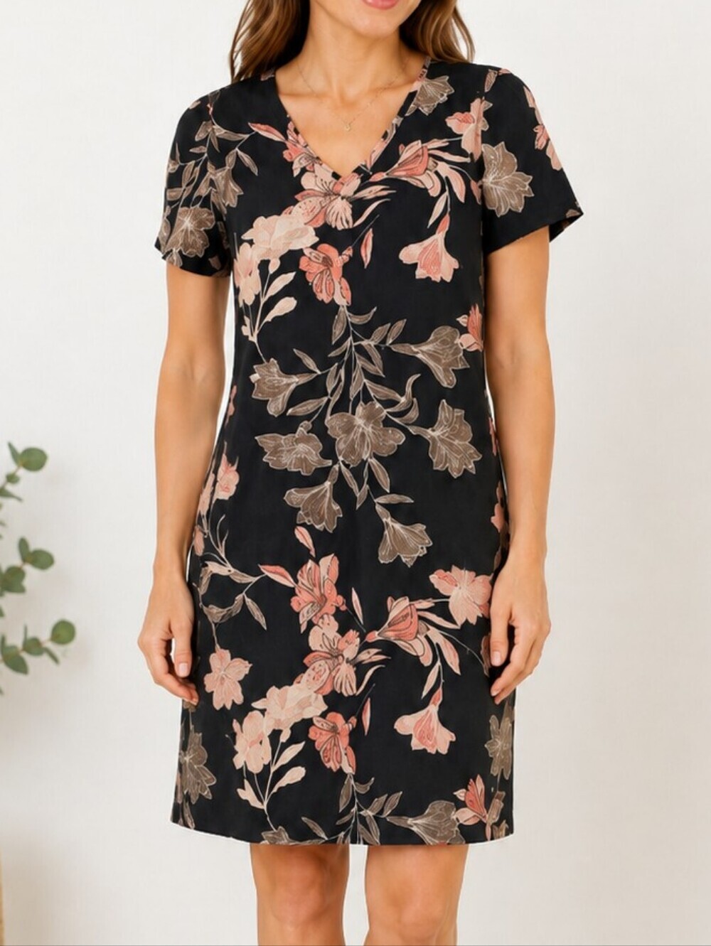 Nicole Miller Linen Blend Shift Dress Floral V-Neck M Summer Garden Party